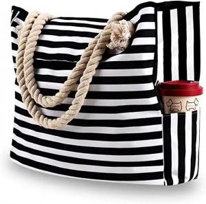China Custom Printed Waterproof Stripe Cotton Canvas Beach Bag With Grommet Rope Handle wholesale