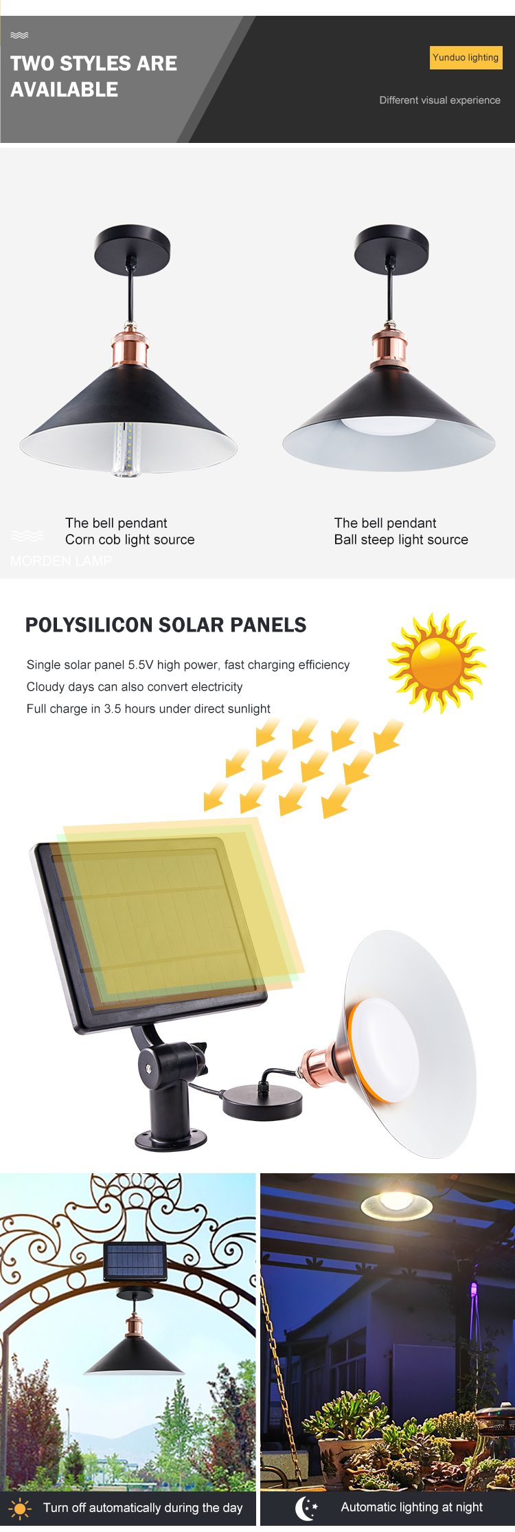 IP65 5W Ceiling Solar Powered Pendant Light Deck To Dawn With 4000mAh Battery