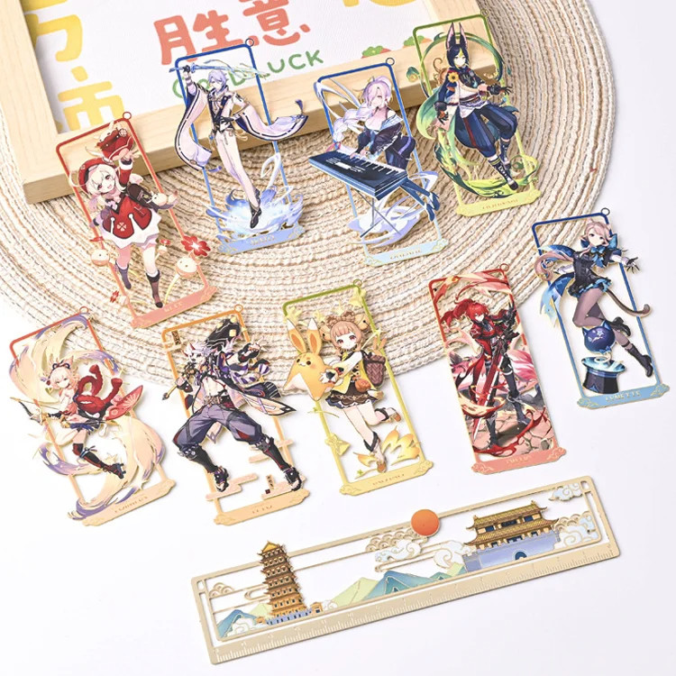 Customized Kawaii Genshin Impact Design UV Printing Gold Plated Metal Bookmark