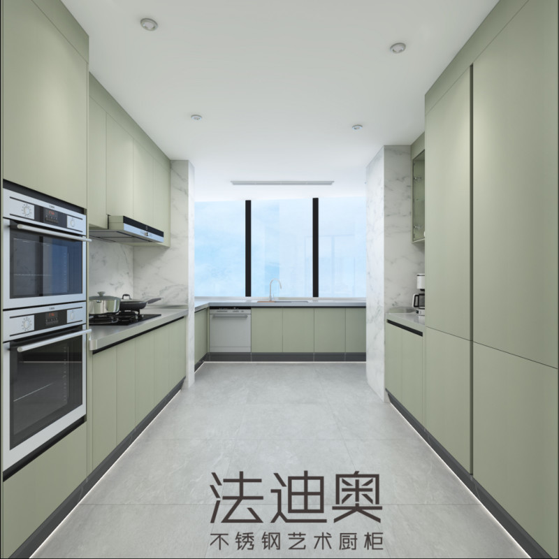 Fadior Closed Kitchen Cabinet With Refreshing Mung Bean Gray And White Marble